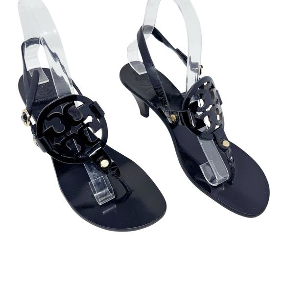 TORY BURCH Black Patent Leather Miller Kitten Heels Sandals Logo Classic Size 8 - Picture 1 of 8